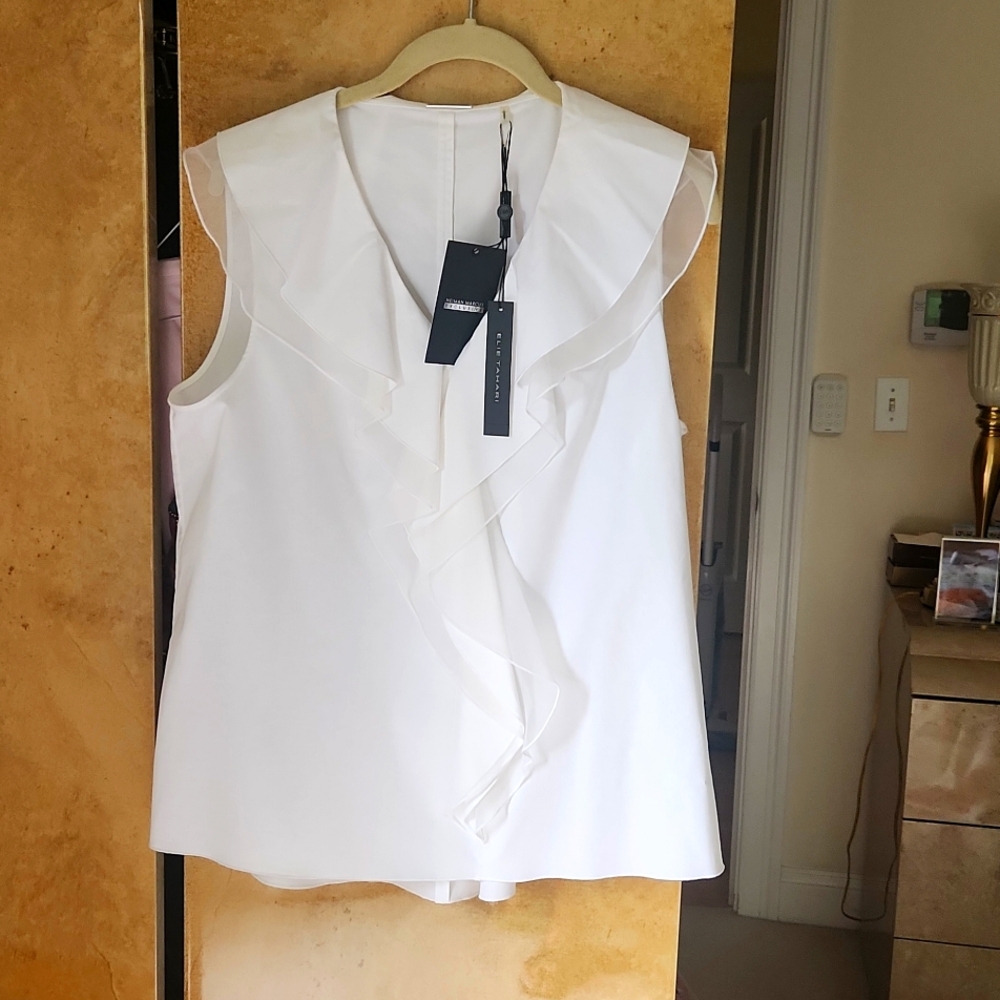 Elie Tahari White Ruffle Sleeveless Top